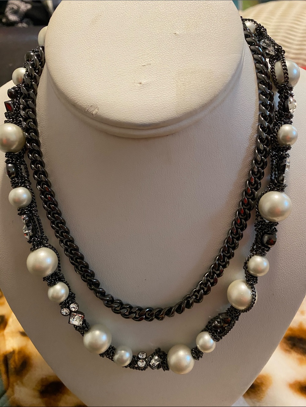 Givenchy Gunmetal Chain with Cream Pearl and Crystal Accents Necklace